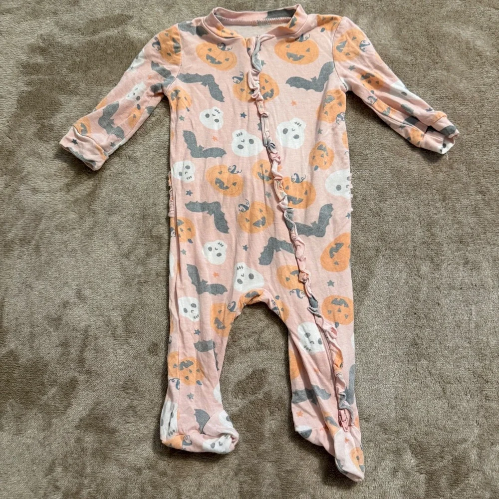 Milkberry Baby Girls Halloween Pumpkin Bat Ghost Ruffle Footed Sleeper 0-3M